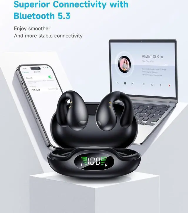Alt view image 7 of 7 - Hitoor True Wireless Earbuds - Open Ear Headphones Wireless, Bone Conduction Earbuds With Mic, Bluetooth 5.3 Clip On Earphones, Fast Charging 50h Playtime, IPX4 Ear Buds For Running Sport Workout