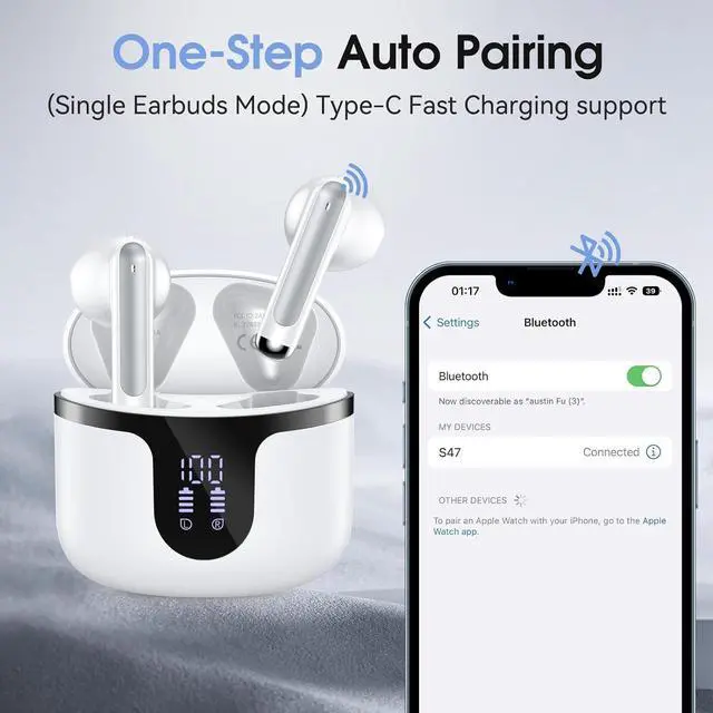 Alt view image 4 of 7 - Hitoor Bluetooth Wireless Earbuds, Mini Wireless 5.3 Headphones HiFi Stereo, 40H Wireless Earphones with ENC Noise Cancelling Mics, Touch Control, Type-C Charging, Dual LED Display, in Ear for Gym