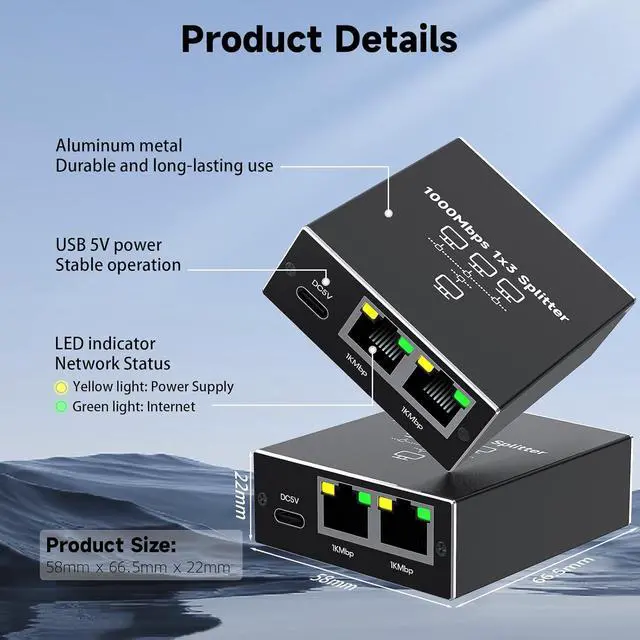 Alt view image 5 of 7 - Hitoor Gigabit Ethernet Splitter 1 to 3, High-Speed 1000Mbps Ethernet Network Splitter with USB Power Cable, RJ45 LAN Splitter Adapter for Cat 5/5e/6/7/8 Cable, Plug and Play