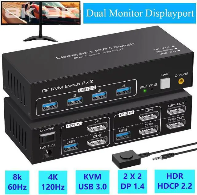 Main image of Hitoor 8K@60Hz Displayport KVM Switch 2 Monitors 2 Computers, USB 3.0 DP KVM switches for 2 computers share Dual monitors and 4 USB devices Support 4K@120Hz DP 1.4 with External Kit and 12V DC adapter