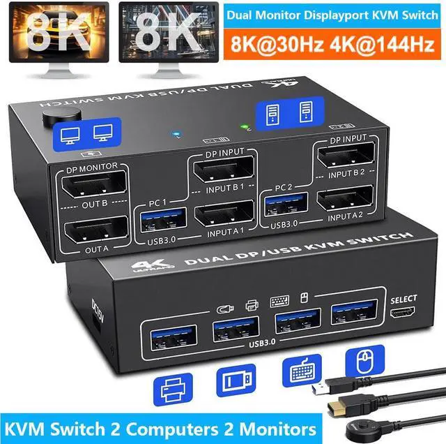 Main image of Hitoor KVM Switch 2 PC 2 Monitors, USB 3.0 DP KVM Switch 8K@30Hz 4K@144Hz, Dual Monitor KVM Switch Displayport 1.4 with 4 USB 3.0 Port for USB Device, Wired Remote and 4 Cable Included