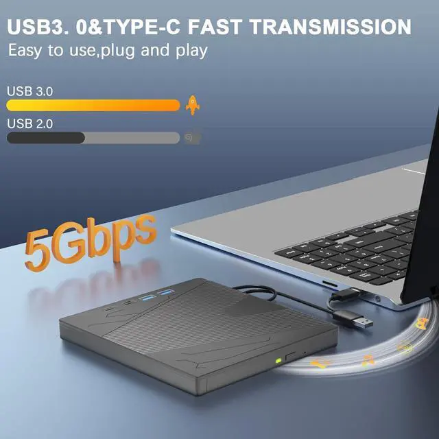 Alt view image 3 of 7 - Hitoor External CD DVD Drive, 7 in 1 Portable CD/DVD Drives +/-RW Optical Drive with SD/TF Card Reader USB 3.0 &USB-C CD Burner Compatible with Laptop Desktop PC Windows 7/8/10/11/XP Mac Pro/Air Linux