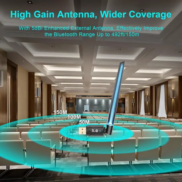 Alt view image 5 of 7 - Hitoor 150M Long Range USB Bluetooth 5.4 Adapter for PC, Wireless Dongle Enhanced Antenna for Laptop Desktop PC Windows 11 10 8.1 7, Plug and Play Bluetooth Headphones Headset Speaker Mice Keyboard