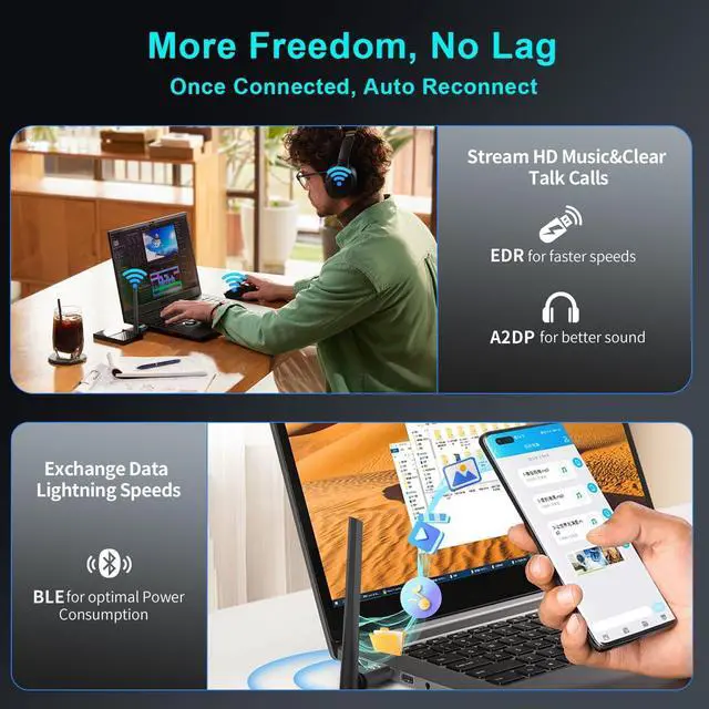 Alt view image 6 of 7 - Hitoor 150M Long Range USB Bluetooth 5.4 Adapter for PC, Wireless Dongle Enhanced Antenna for Laptop Desktop PC Windows 11 10 8.1 7, Plug and Play Bluetooth Headphones Headset Speaker Mice Keyboard