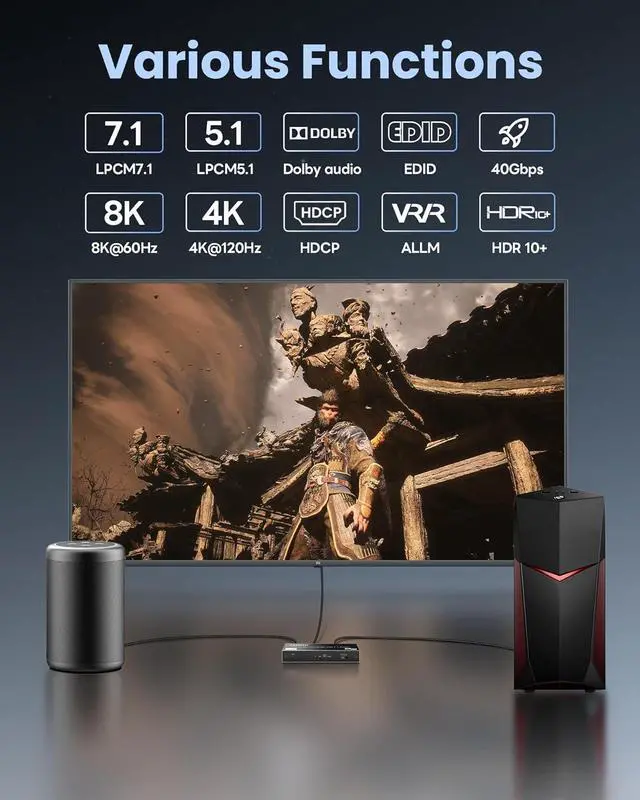 Alt view image 4 of 7 - Hitoor 8K@60Hz 4K@120Hz HDMI 2.1 Audio Extractor Splitter with HDMI 7.1CH+Optical SPDIF/Coaxial 5.1CH+3.5mm Jack Audio Out, HDMI Audio Converter Support HDCP 2.3 VRR Compatible with Do-bb-ly Soundbar