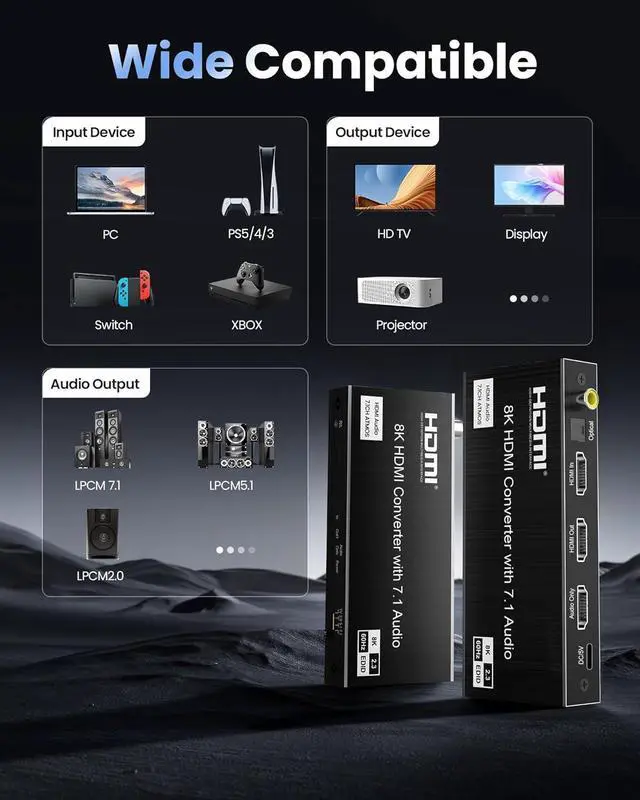 Alt view image 6 of 7 - Hitoor 8K@60Hz 4K@120Hz HDMI 2.1 Audio Extractor Splitter with HDMI 7.1CH+Optical SPDIF/Coaxial 5.1CH+3.5mm Jack Audio Out, HDMI Audio Converter Support HDCP 2.3 VRR Compatible with Do-bb-ly Soundbar