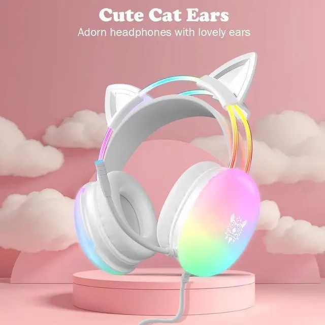Alt view image 2 of 7 - Hitoor Cat Ear Gaming Headset with Mic, RGB Rainbow Lighting, Surround Sound, 3.5mm Wired Over-Ear Headphones Gaming Headsets for PC/PS4/PS5/Switch/Laptop, Lightweight & Adjustable Headband