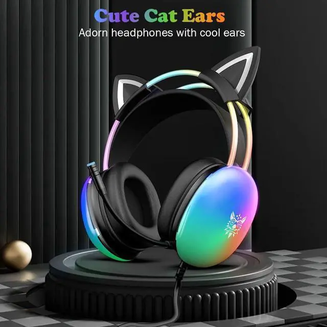Alt view image 2 of 7 - Hitoor Cat Ear Gaming Headset with Mic, RGB Rainbow Lighting, Surround Sound, 3.5mm Wired Over-Ear Headphones Gaming Headsets for PC/PS4/PS5/Switch/Laptop, Lightweight & Adjustable Headband (Black)