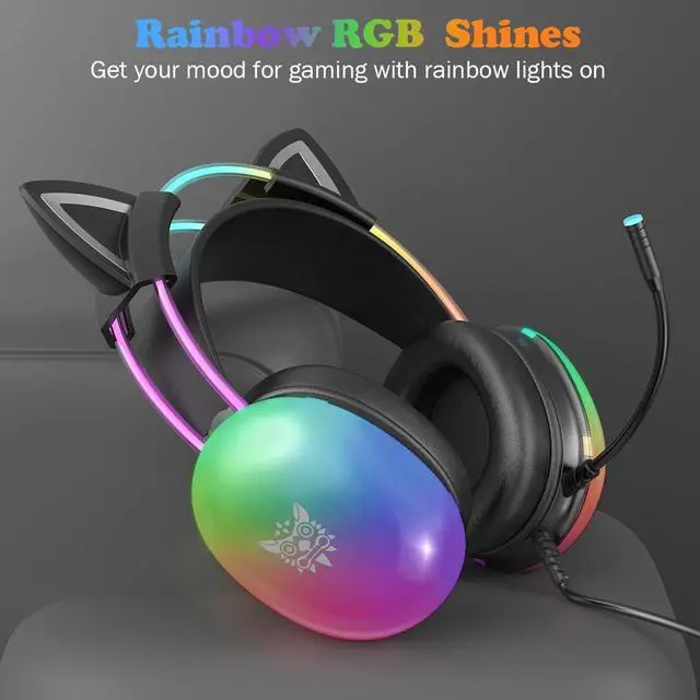 Alt view image 3 of 7 - Hitoor Cat Ear Gaming Headset with Mic, RGB Rainbow Lighting, Surround Sound, 3.5mm Wired Over-Ear Headphones Gaming Headsets for PC/PS4/PS5/Switch/Laptop, Lightweight & Adjustable Headband (Black)