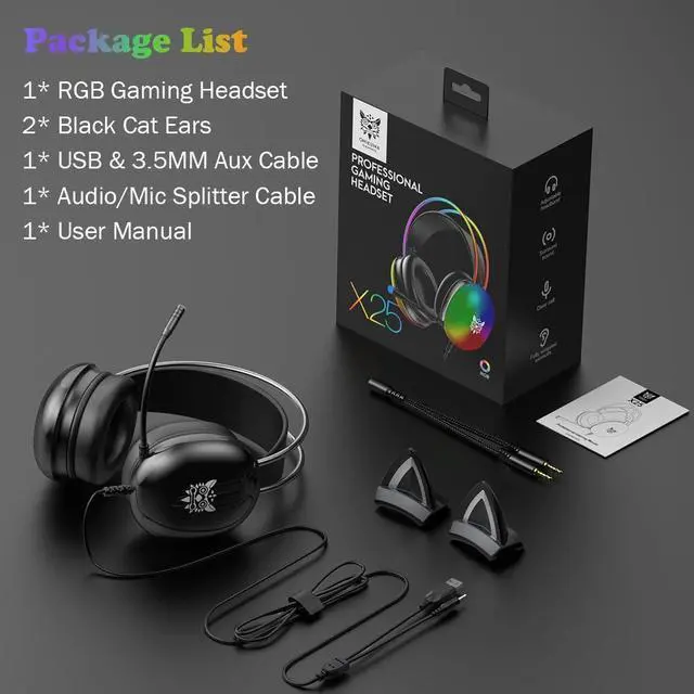 Alt view image 7 of 7 - Hitoor Cat Ear Gaming Headset with Mic, RGB Rainbow Lighting, Surround Sound, 3.5mm Wired Over-Ear Headphones Gaming Headsets for PC/PS4/PS5/Switch/Laptop, Lightweight & Adjustable Headband (Black)