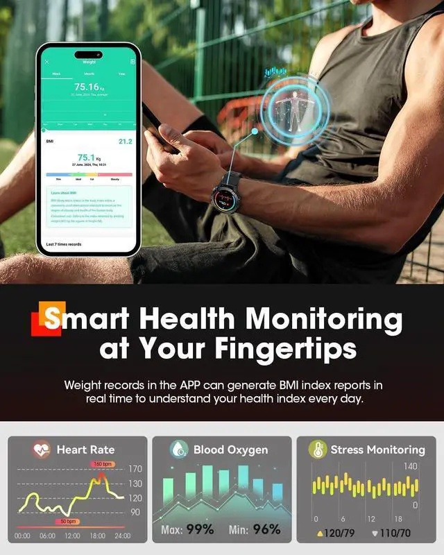 Alt view image 2 of 6 - Hitoor Sport Smart Watches for Men, Bluetooth Call Military Smart Watch, Waterproof Fitness Tracker with Heart Rate/Blood Oxygen/Sleep Monitor/124 Sports Modes, Tactical Watch for IOS Android Phones