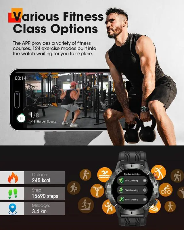 Alt view image 3 of 6 - Hitoor Sport Smart Watches for Men, Bluetooth Call Military Smart Watch, Waterproof Fitness Tracker with Heart Rate/Blood Oxygen/Sleep Monitor/124 Sports Modes, Tactical Watch for IOS Android Phones