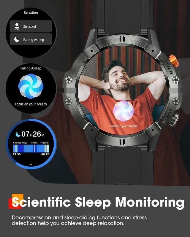 Alt view image 4 of 6 - Hitoor Sport Smart Watches for Men, Bluetooth Call Military Smart Watch, Waterproof Fitness Tracker with Heart Rate/Blood Oxygen/Sleep Monitor/124 Sports Modes, Tactical Watch for IOS Android Phones