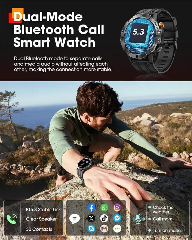 Alt view image 5 of 6 - Hitoor Sport Smart Watches for Men, Bluetooth Call Military Smart Watch, Waterproof Fitness Tracker with Heart Rate/Blood Oxygen/Sleep Monitor/124 Sports Modes, Tactical Watch for IOS Android Phones