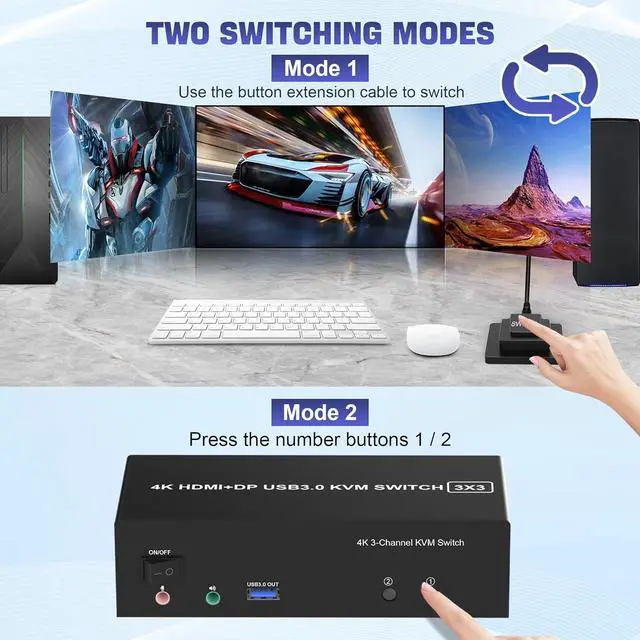Alt view image 7 of 7 - Hitoor USB 3.0 HDMI + 2 DisplayPort KVM Switch 3 Monitors 2 Computers, 4K@60Hz Triple Monitor KVM Switch for 2 Computers 3 Monitors with 3 USB 3.0 Ports and Audio Microphone, Keyboard Mouse Switcher