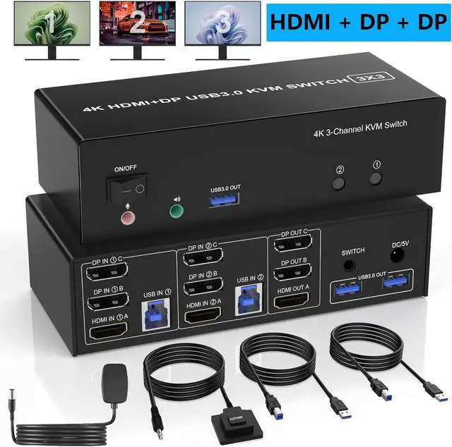 Main image of Hitoor USB 3.0 HDMI + 2 DisplayPort KVM Switch 3 Monitors 2 Computers, 4K@60Hz Triple Monitor KVM Switch for 2 Computers 3 Monitors with 3 USB 3.0 Ports and Audio Microphone, Keyboard Mouse Switcher