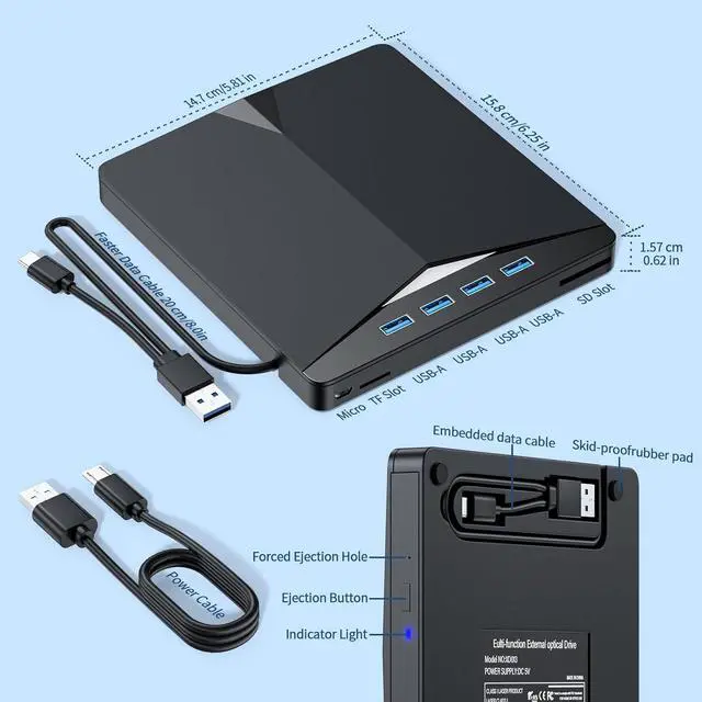 Alt view image 7 of 7 - Hitoor External CD/DVD Drive for Laptop, 7-in-1 Portable DVD Player for Laptop, USB 3.0 Type C External CD DVD Burner with SD/TF Card Reader & 4-Port USB Hub, Compatible with Windows, Mac OS, Linux