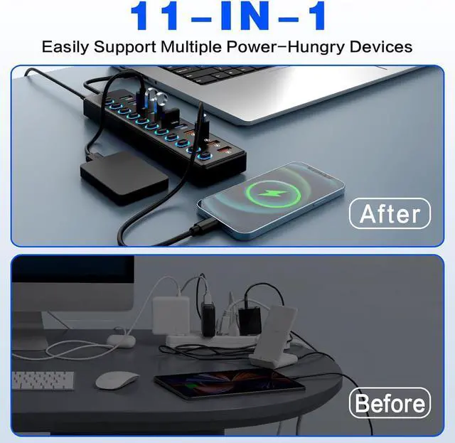 Alt view image 6 of 7 - Hitoor 11 Port USB Hub 3.0, Powered USB Splitter Includes 7-Port USB-A Data Transfer with 5Gbps and 4-Port Smart Charging with 2.4A, Individual Switches, and USB Extender for Laptop, Mac, Windows, PC