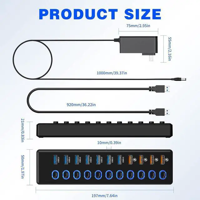Alt view image 7 of 7 - Hitoor 11 Port USB Hub 3.0, Powered USB Splitter Includes 7-Port USB-A Data Transfer with 5Gbps and 4-Port Smart Charging with 2.4A, Individual Switches, and USB Extender for Laptop, Mac, Windows, PC