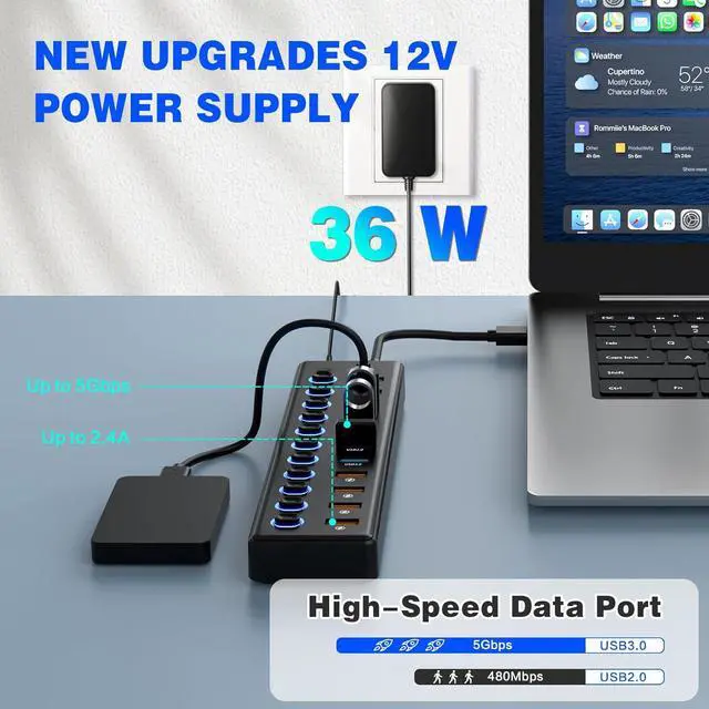 Alt view image 3 of 7 - Hitoor 11 Port USB Hub 3.0, Powered USB Splitter Includes 7-Port USB-A Data Transfer with 5Gbps and 4-Port Smart Charging with 2.4A, Individual Switches, and USB Extender for Laptop, Mac, Windows, PC