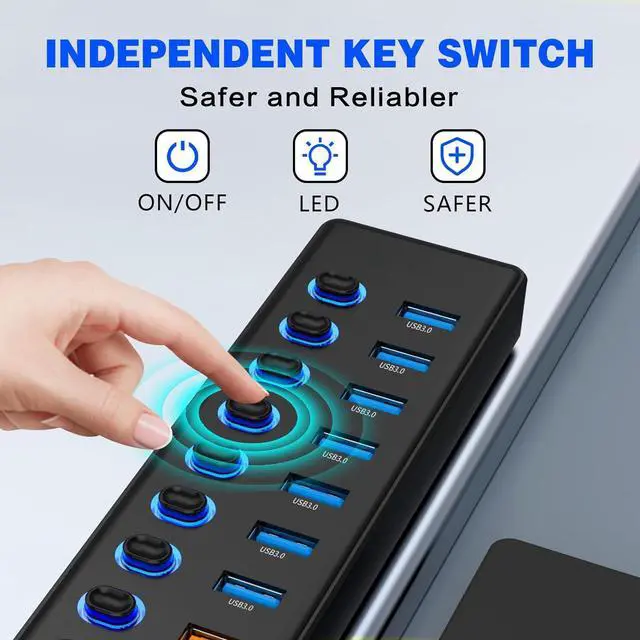 Alt view image 5 of 7 - Hitoor 11 Port USB Hub 3.0, Powered USB Splitter Includes 7-Port USB-A Data Transfer with 5Gbps and 4-Port Smart Charging with 2.4A, Individual Switches, and USB Extender for Laptop, Mac, Windows, PC