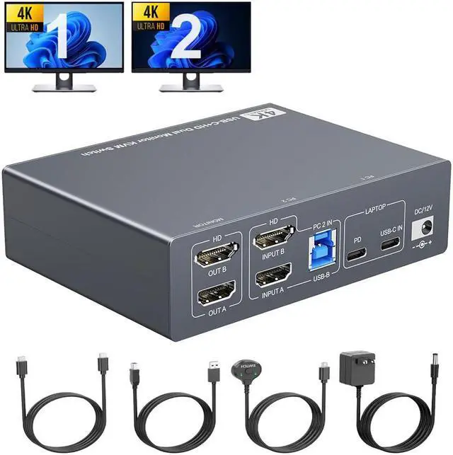 Main image of Hitoor Dual Monitor KVM Switch for Laptop & Desktop 4K@60Hz, USB C and HDMI KVM Switch 2 Monitors 2 Computers with 4 USB 3.0 Port for Keyboard Mouse, 80W PD Charging, with Wired Remote and USB C Cable