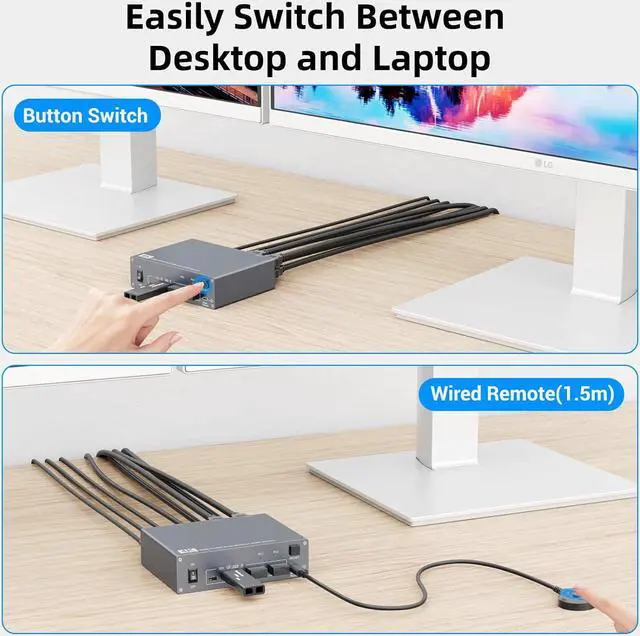 Alt view image 7 of 7 - Hitoor Dual Monitor KVM Switch for Laptop & Desktop 4K@60Hz, USB C and HDMI KVM Switch 2 Monitors 2 Computers with 4 USB 3.0 Port for Keyboard Mouse, 80W PD Charging, with Wired Remote and USB C Cable