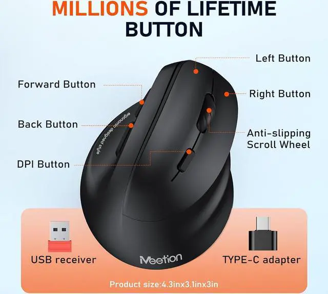 Alt view image 7 of 7 - Hitoor Ergonomic Bluetooth Mouse, Wireless Vertical Mouse RGB Backlit Rechargeable Mice for Bluetooth (5.2 + 3.0) & USB-A with USB-C Adapter 4 Adjustable DPI for Mac/Windows/Andriod/PC/Tablet/iPad