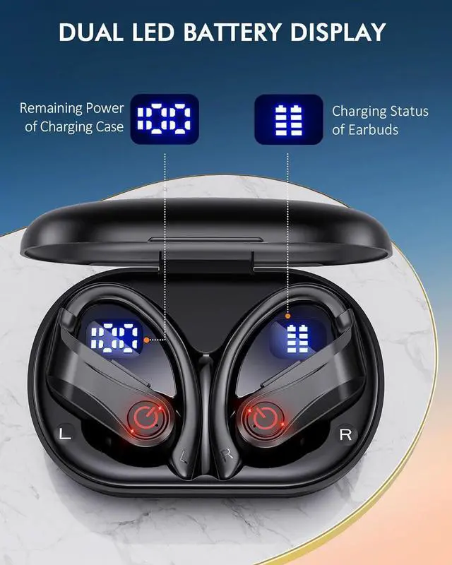 Alt view image 3 of 7 - Hitoor Wireless Earbuds Bluetooth Headphones Sports Over-Ear Bluetooth 5.3 Ear Buds with Earhooks 120H Playtime Wireless Headphones for Workout Waterproof Bluetooth LED Power Display, Black