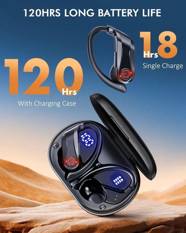 Alt view image 2 of 7 - Hitoor Wireless Earbuds Bluetooth Headphones Sports Over-Ear Bluetooth 5.3 Ear Buds with Earhooks 120H Playtime Wireless Headphones for Workout Waterproof Bluetooth LED Power Display, Black
