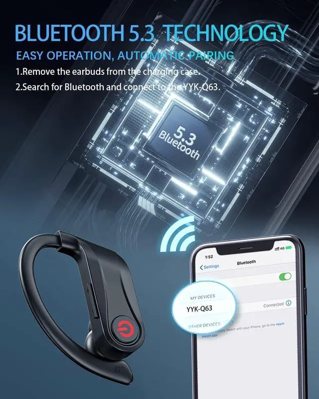 Alt view image 7 of 7 - Hitoor Wireless Earbuds Bluetooth Headphones Sports Over-Ear Bluetooth 5.3 Ear Buds with Earhooks 120H Playtime Wireless Headphones for Workout Waterproof Bluetooth LED Power Display, Black