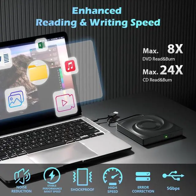 Alt view image 2 of 7 - Hitoor External CD/DVD Drive for Laptop, USB 3.0 & Type C CD Burner External DVD Drive, CD ROM DVD Player Portable CD Reader for Laptop, Compatible with Laptop PC Windows 11/10//7 Linux Mac OS