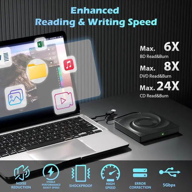 Alt view image 2 of 7 - Hitoor External Bluray Drive for Laptops, USB 3.0 and Type-C Portable DVD Player,BluRay Burner Slim 3D BluRay DVD CD Optical Drive Compatible with Windows XP/7/8/10/11 MacOS for MacBook Laptop Desktop
