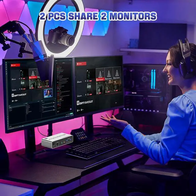 Alt view image 5 of 7 - Hitoor USB 3.0 DisplayPort KVM Switch 2 Monitors 2 Computers, Dual Monitor 8K@60Hz DP KVM Switch 2 in 2 Out with Audio Microphone Output and 3 USB 3.0 Ports, 2 PC 2 Monitors Keyboard Mouse Switcher