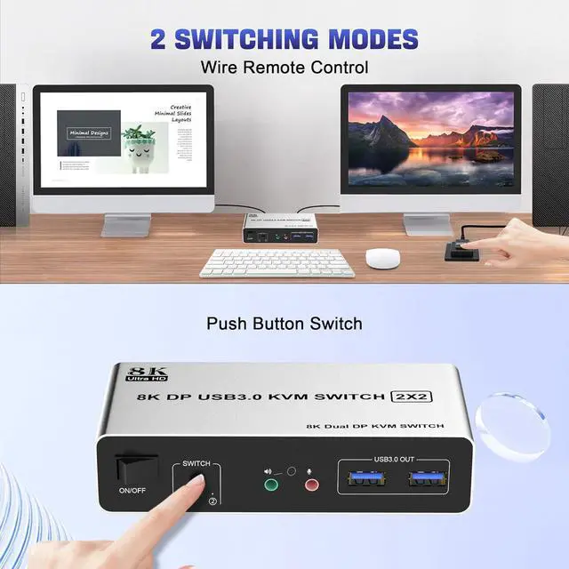 Alt view image 7 of 7 - Hitoor USB 3.0 DisplayPort KVM Switch 2 Monitors 2 Computers, Dual Monitor 8K@60Hz DP KVM Switch 2 in 2 Out with Audio Microphone Output and 3 USB 3.0 Ports, 2 PC 2 Monitors Keyboard Mouse Switcher