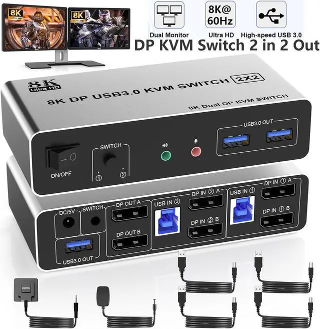 Main image of Hitoor USB 3.0 DisplayPort KVM Switch 2 Monitors 2 Computers, Dual Monitor 8K@60Hz DP KVM Switch 2 in 2 Out with Audio Microphone Output and 3 USB 3.0 Ports, 2 PC 2 Monitors Keyboard Mouse Switcher