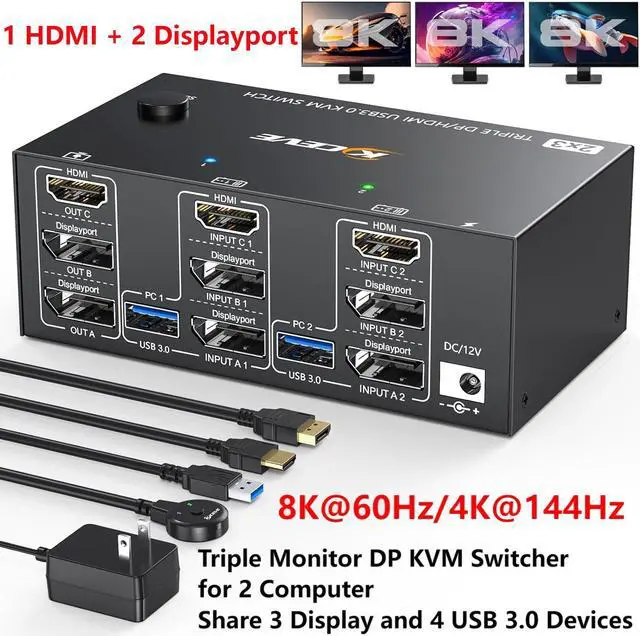 Main image of Hitoor KVM Switch 3 Monitors 2 Computers 8K@60Hz 4K@144Hz, 1 HDMI + 2 Displayport KVM Switcher for 2 Computers Share Triple Monitor and 4 USB 3.0 Devices Supports Extended and Duplicate Mode