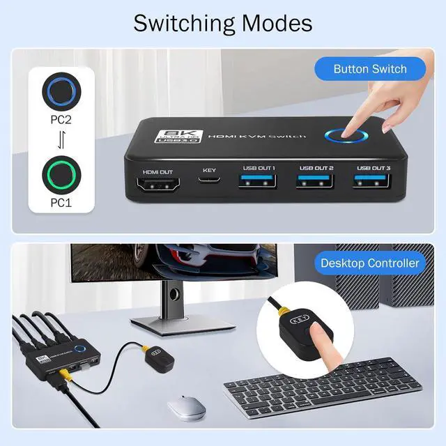 Alt view image 6 of 7 - Hitoor 8K@60Hz HDMI 2.1 USB 3.0 KVM Switch for 1 Monitor 2 Computers, with 3 USB 3.0 Ports for Sharing Monitor, Keyboard, Mouse, Hard Drives, and Printer  Includes 2 HDMI & USB Cables, and Controller