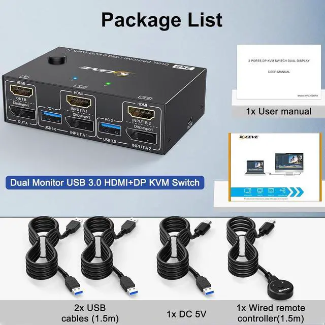 Alt view image 7 of 7 - Hitoor HDMI + Displayport KVM Switch 2 Computer 2 Monitors, Dual Monitors HDMI DP KVM Switcher Supports 4K@60Hz for 2 Computers Share Keyboard, Mouse and 2 Monitors, with USB 3.0 Cables & Wired Remote