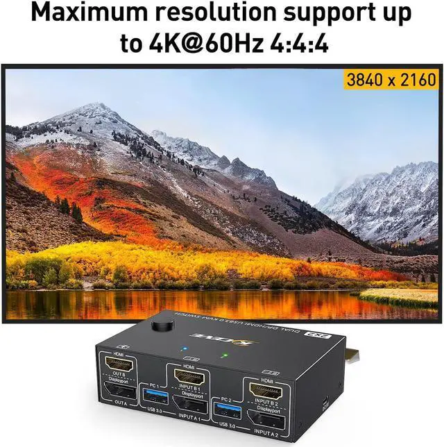 Alt view image 5 of 7 - Hitoor HDMI + Displayport KVM Switch 2 Computer 2 Monitors, Dual Monitors HDMI DP KVM Switcher Supports 4K@60Hz for 2 Computers Share Keyboard, Mouse and 2 Monitors, with USB 3.0 Cables & Wired Remote