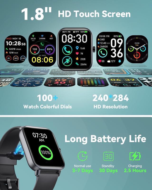 Alt view image 7 of 7 - Hitoor Smartwatch for Men Women, Alexa Built-in, 1.8" Fitness Tracker, IP68 Waterproof Smartwatch for IOS Android Phones with Bluetooth Call (Answer/Make), Heart Rate/SpO2/Sleep Monitor/Pedometer