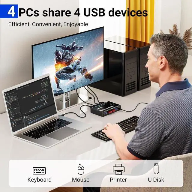 Alt view image 2 of 7 - Hitoor 4 x4 USB 3.0 Switch 4 Computers, 4 Port USB Switch Selector Sharing 4 USB Devices,Keyboard Mouse Switch,USB Switcher Compatible with Mac/Windows/Linux,Wired Remote and 4 USB 3.0 Cable Included