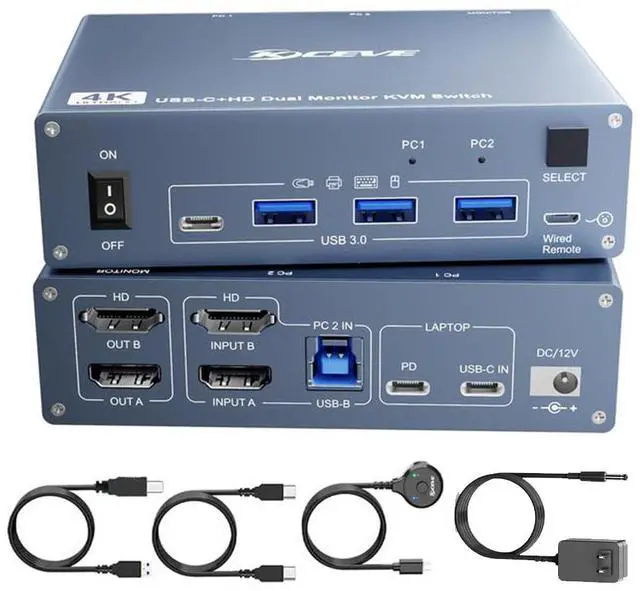 Main image of Hitoor USB C HDMI KVM Switch 2 PC 2 Monitors, Dual Monitors KVM Switch for Laptop & PC, USB 3.0 MST Dual 4K@60Hz, Type-C 60W Charging for Laptop, HDMI KVM Switch USB C with Cable Remote Control