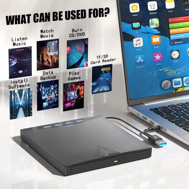 Alt view image 6 of 7 - Hitoor  7-in-1 External CD DVD Drive for Laptop, USB 3.0 DVD Player with 4 USB Ports & SD/TF Slot Optical Disk Drive Reader Writer Burner for PC, Laptop Windows 11/10/8/7/ XP/ 2003/Vista/Linux, MacOS