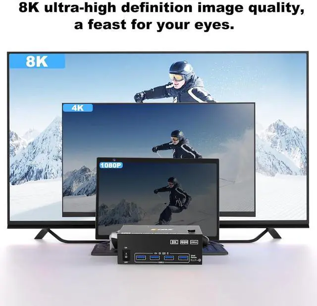 Alt view image 6 of 7 - Hitoor 2 HDMI + Displayport KVM Switch 3 Monitors 2 Computers 8K@60Hz 4K@144Hz, Triple Monitor KVM Swtiches for 2 PC Share 3 Monitor and 4 USB Port, Support Extended & MirrorMode, with Wired Remote