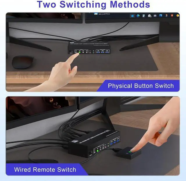 Alt view image 7 of 7 - Hitoor 8K@60Hz KVM Switch 3 Monitors 4 Computers 4K@144Hz, 2 DisplayPort +1 HDMI KVM Switch Triple Monitor for 4 Computer with Audio and 3 USB 3.0 Ports, 3 Monitor KVM Switches Keyboard Mouse Switcher