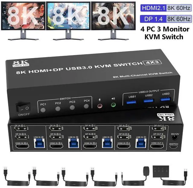 Main image of Hitoor 8K@60Hz KVM Switch 3 Monitors 4 Computers 4K@144Hz, 2 DisplayPort +1 HDMI KVM Switch Triple Monitor for 4 Computer with Audio and 3 USB 3.0 Ports, 3 Monitor KVM Switches Keyboard Mouse Switcher