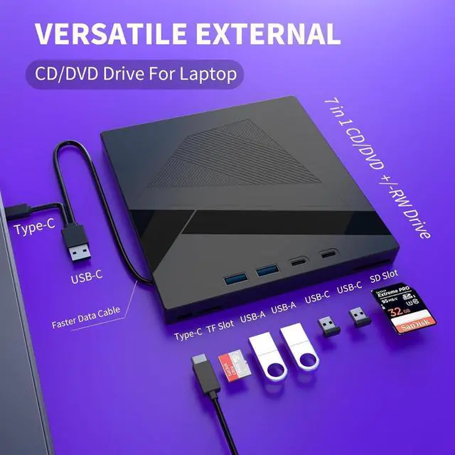 Alt view image 4 of 7 - Hitoor [7 in 1] External DVD CD Drive, USB 3.0 & Type-C Portable CD/DVD +/-RW Disk Drive, CD/DVD Burner, CD ROM, DVD Player External Optical Drive for Laptop Desktop Windows 7/8/10/XP Linux/Vista/Mac