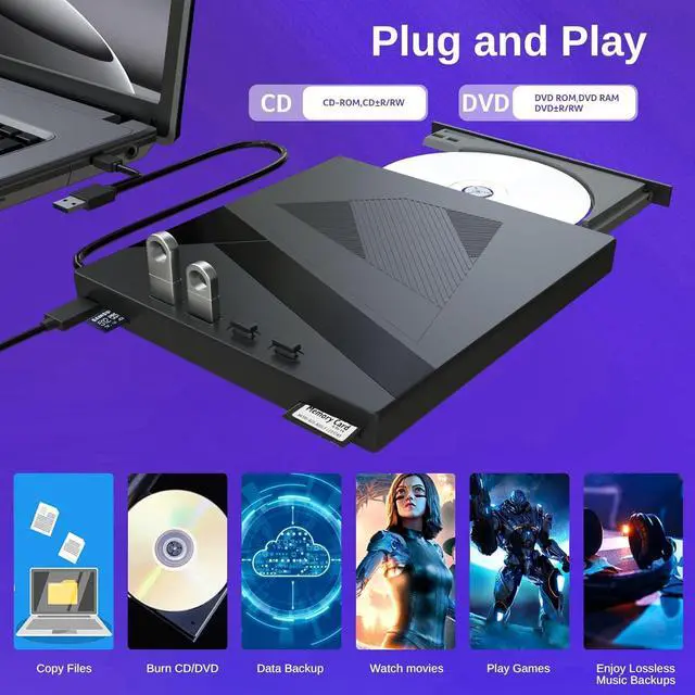 Alt view image 2 of 7 - Hitoor [7 in 1] External DVD CD Drive, USB 3.0 & Type-C Portable CD/DVD +/-RW Disk Drive, CD/DVD Burner, CD ROM, DVD Player External Optical Drive for Laptop Desktop Windows 7/8/10/XP Linux/Vista/Mac