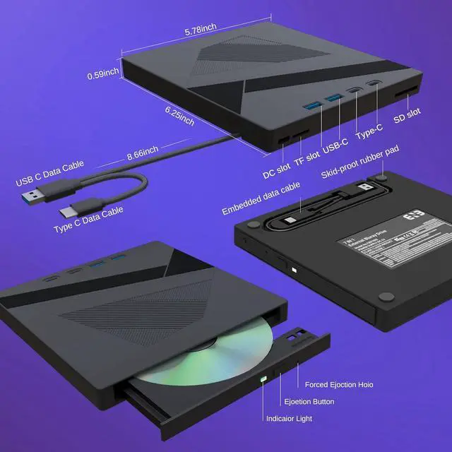 Alt view image 6 of 7 - Hitoor [7 in 1] External DVD CD Drive, USB 3.0 & Type-C Portable CD/DVD +/-RW Disk Drive, CD/DVD Burner, CD ROM, DVD Player External Optical Drive for Laptop Desktop Windows 7/8/10/XP Linux/Vista/Mac